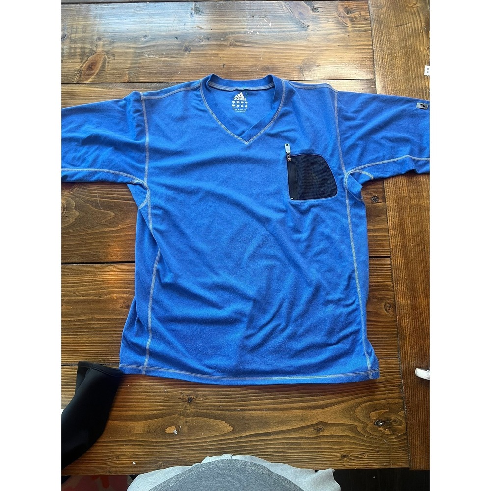Adidas Mens Blue V-Neck Training T-Shirt Zippered Mesh Pocket Large